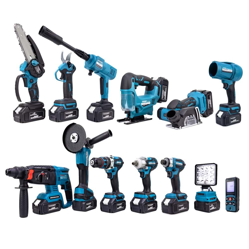 ONÜÇLÜ SET (Led Işık+Ş.Hilti+Ş.Spral+S.Sıkma+13mm Matkap+Ş.Testere+Bağ Makası+Ş.Dekupaj+Lazer Metre+Oto Yıkama+Çok Fonksiyonlu Avuç Taşlama+Turbo Fan+Torklu Vidalama)