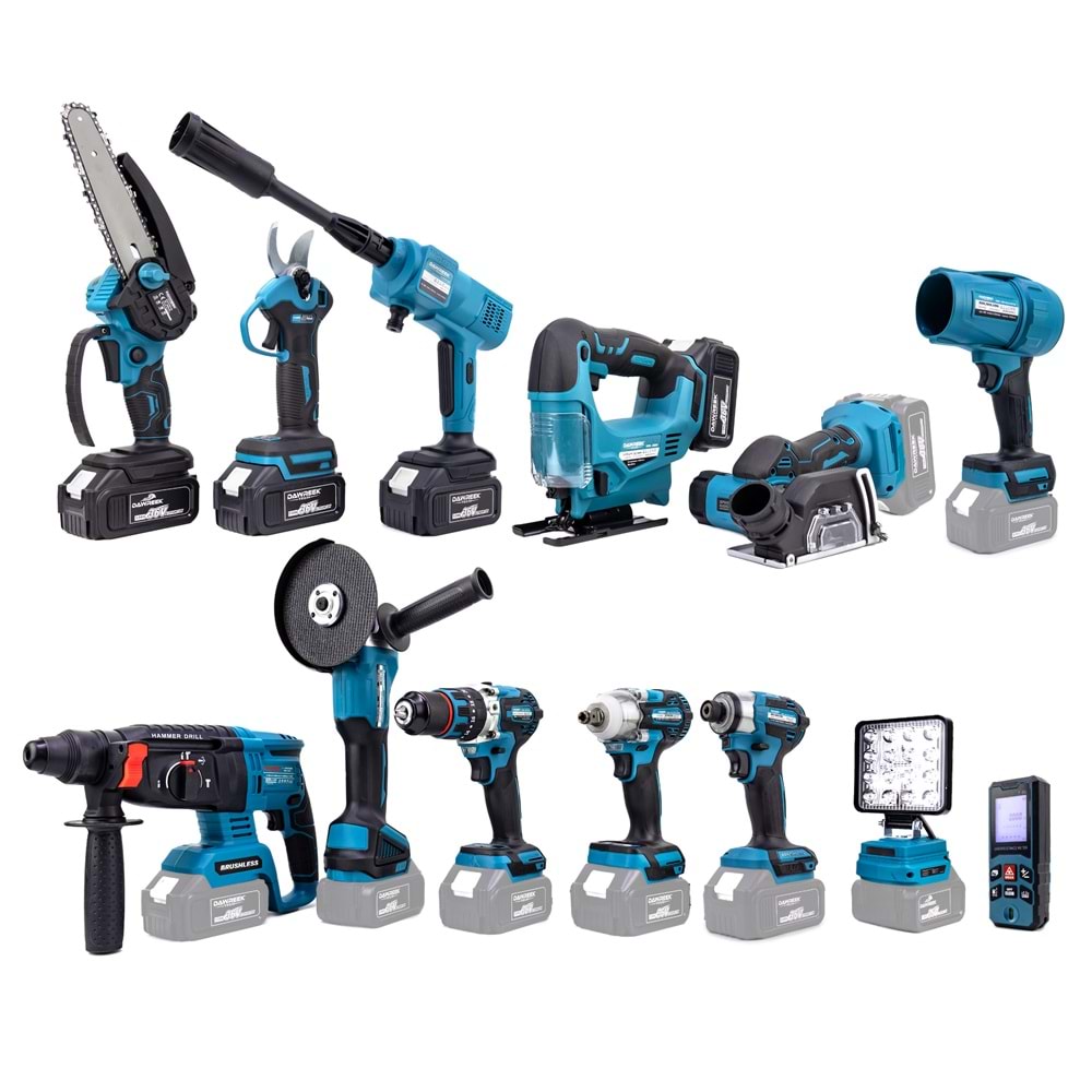 ONÜÇLÜ SET (Led Işık+Ş.Hilti+Ş.Spral+S.Sıkma+13mm Matkap+Ş.Testere+Bağ Makası+Ş.Dekupaj+Lazer Metre+Oto Yıkama+Çok Fonksiyonlu Avuç Taşlama+Turbo Fan+Torklu Vidalama)
