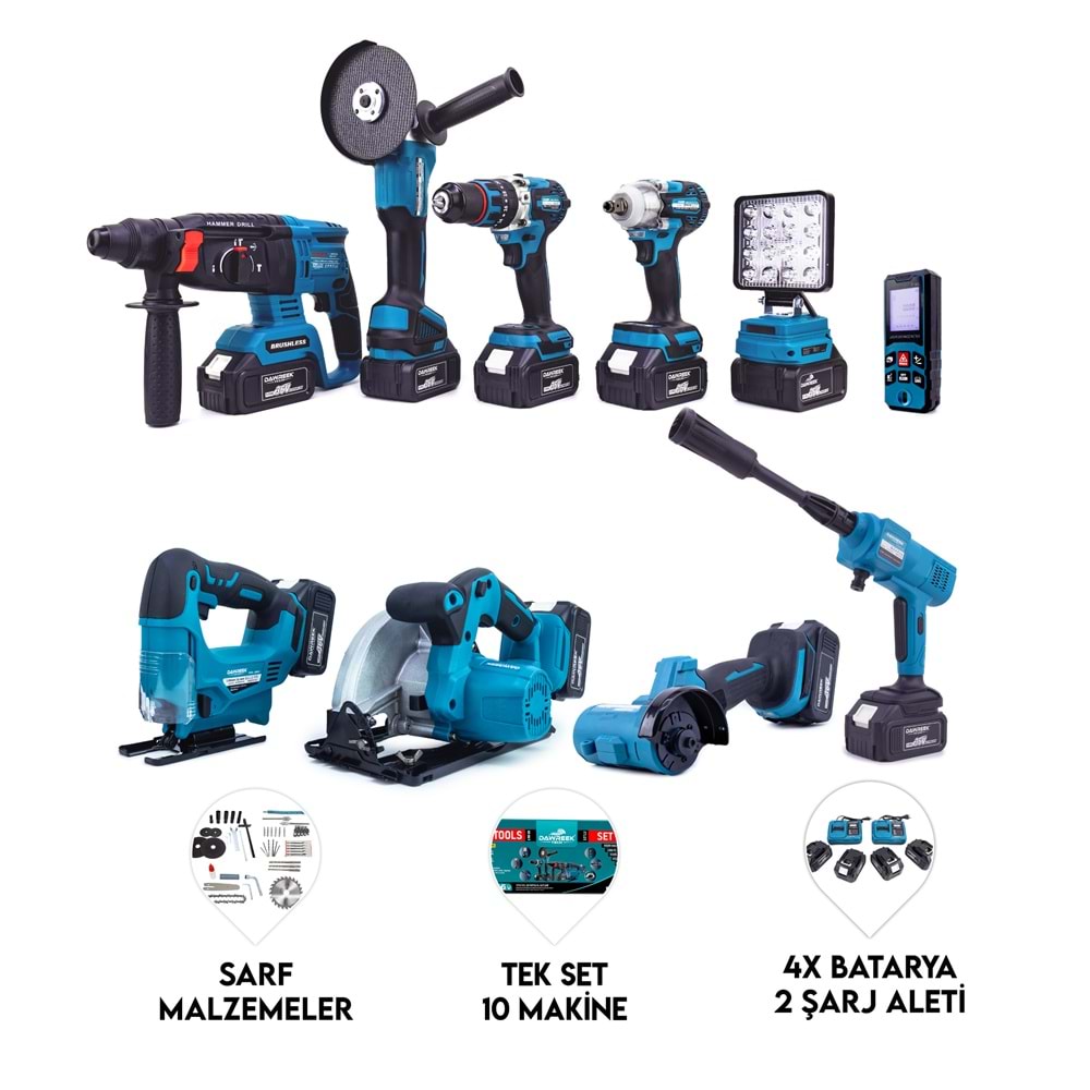 ONLU SET (Led Işık + Kırıcı Delici Matkap+avuç taşlama+Somun Sıkma+Vidalama+Sunta Kesme+Dekupaj+Lazer Metre+Oto Yıkama+Çok Fonksiyonlu Avuç Taşlama)