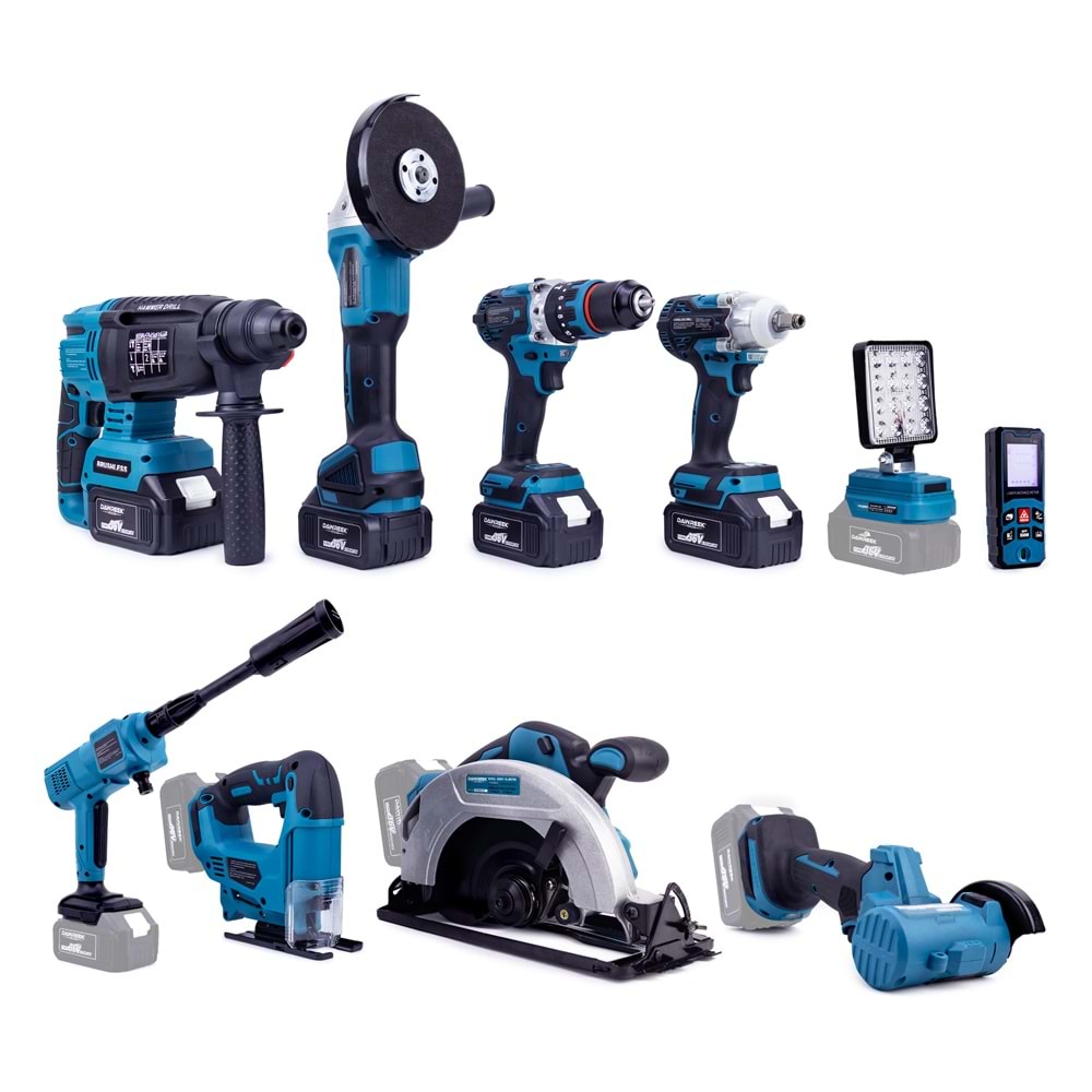 ONLU SET (Led Işık + Kırıcı Delici Matkap+avuç taşlama+Somun Sıkma+Vidalama+Sunta Kesme+Dekupaj+Lazer Metre+Oto Yıkama+Çok Fonksiyonlu Avuç Taşlama)