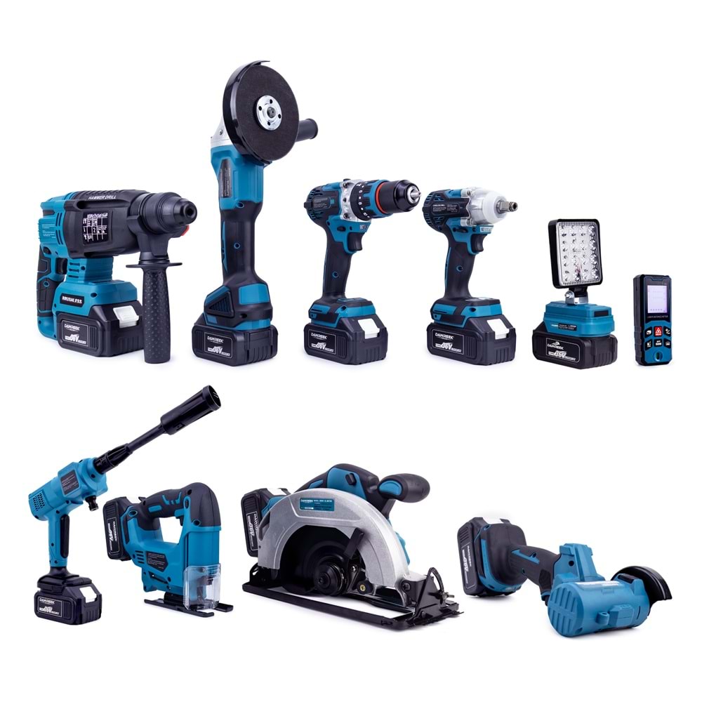 ONLU SET (Led Işık + Kırıcı Delici Matkap+avuç taşlama+Somun Sıkma+Vidalama+Sunta Kesme+Dekupaj+Lazer Metre+Oto Yıkama+Çok Fonksiyonlu Avuç Taşlama)