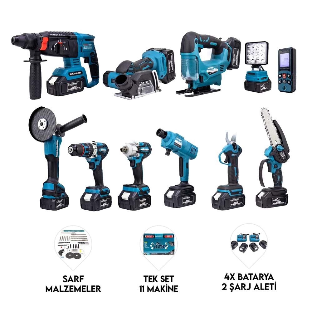 ONBİRLİ SET (Led Işık+Ş.HİLTİ+Ş.SPRAL+S.SIKMA+13MM MATKAP+Ş.TESTERE+BAĞ MAKASI+Ş.Dekupaj+Lazer Metre+Oto Yıkama+Çok Fonksiyonlu Avuç Taşlama)