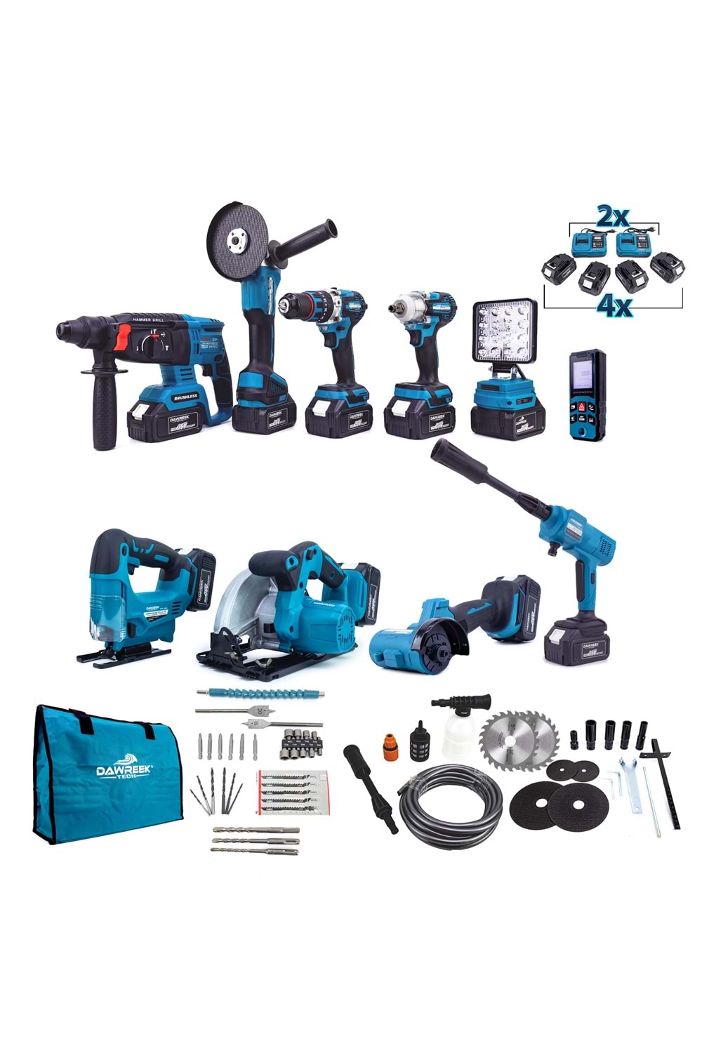 Onlu Set (Led Işık + Kırıcı Delici Matkap+avuç taşlama+Somun Sıkma+Vidalama+Sunta Kesme+Dekupaj+Lazer Metre+Oto Yıkama+Çok Fonksiyonlu Avuç Taşlama)