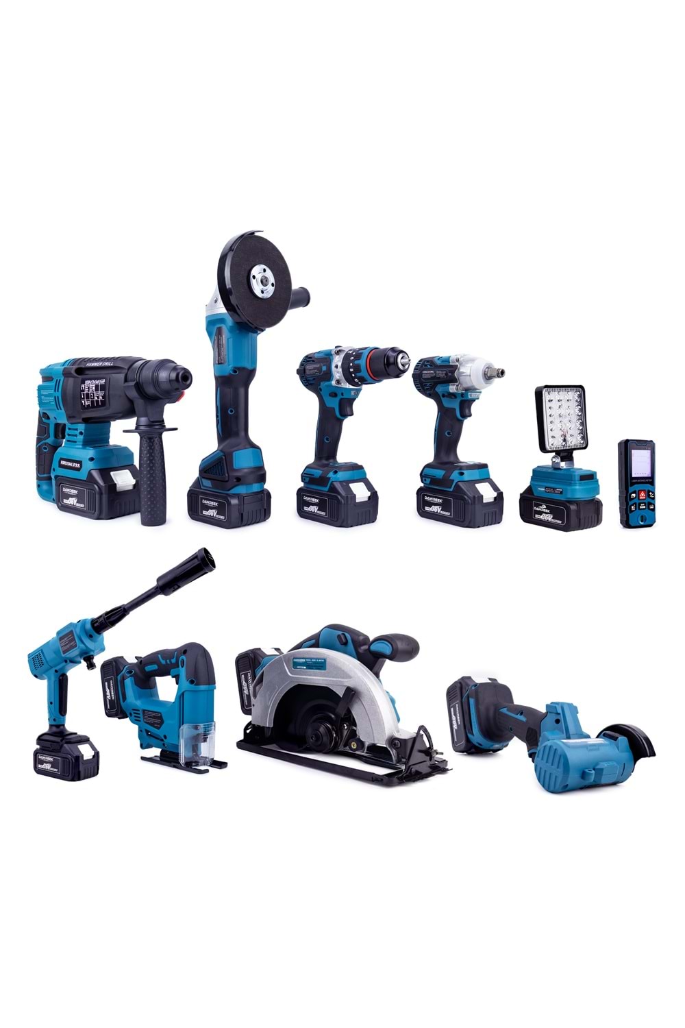 Onlu Set (Led Işık + Kırıcı Delici Matkap+avuç taşlama+Somun Sıkma+Vidalama+Sunta Kesme+Dekupaj+Lazer Metre+Oto Yıkama+Çok Fonksiyonlu Avuç Taşlama)
