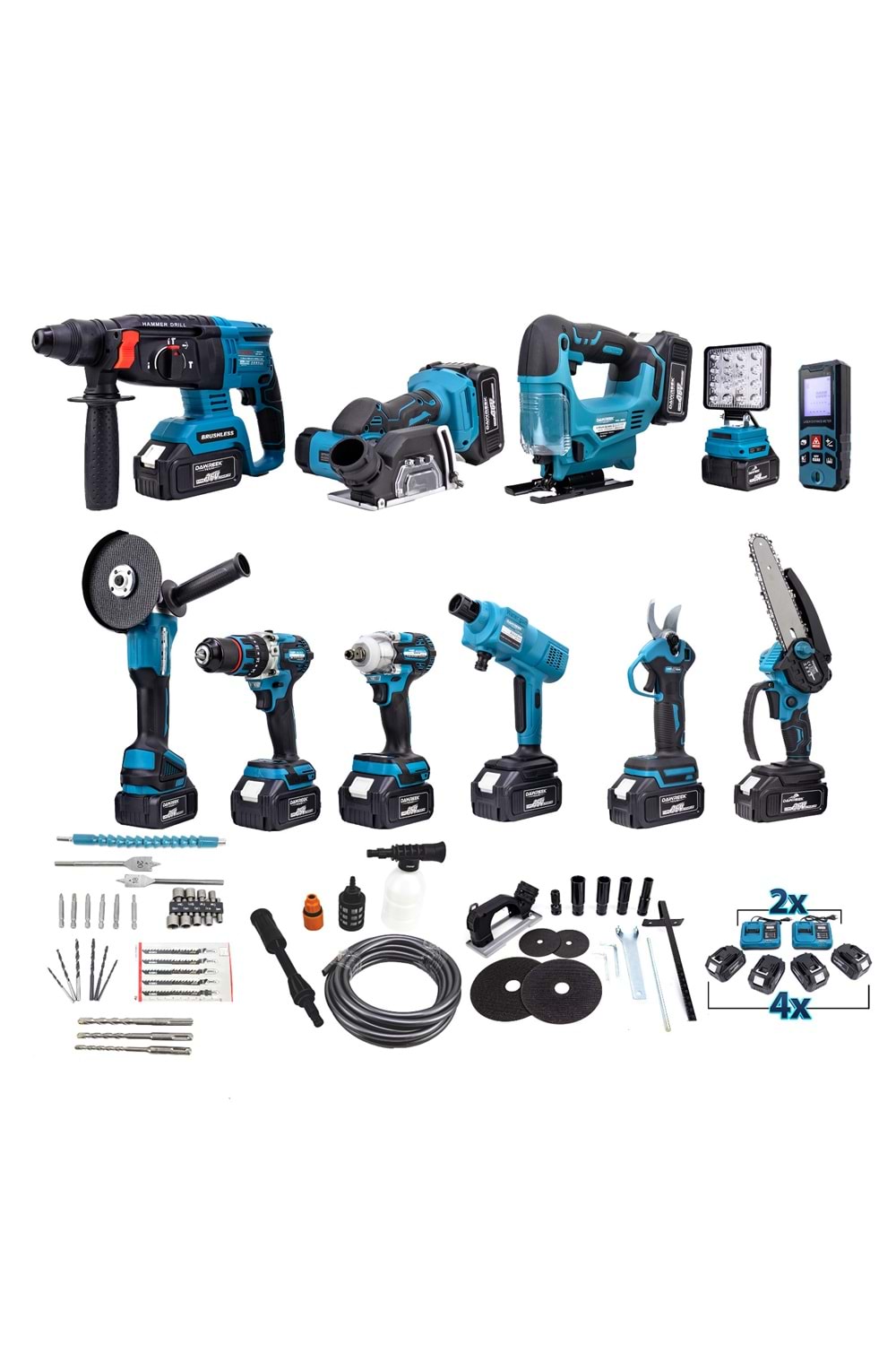 Onbirli Set (Led Işık+Ş.Hilti+Ş.Spral+S.Sıkma+13mm Matkap+Ş.Testere+Bağ Makası+Ş.Dekupaj+Lazer Metre+Oto Yıkama+Çok Fonksiyonlu Avuç Taşlama)