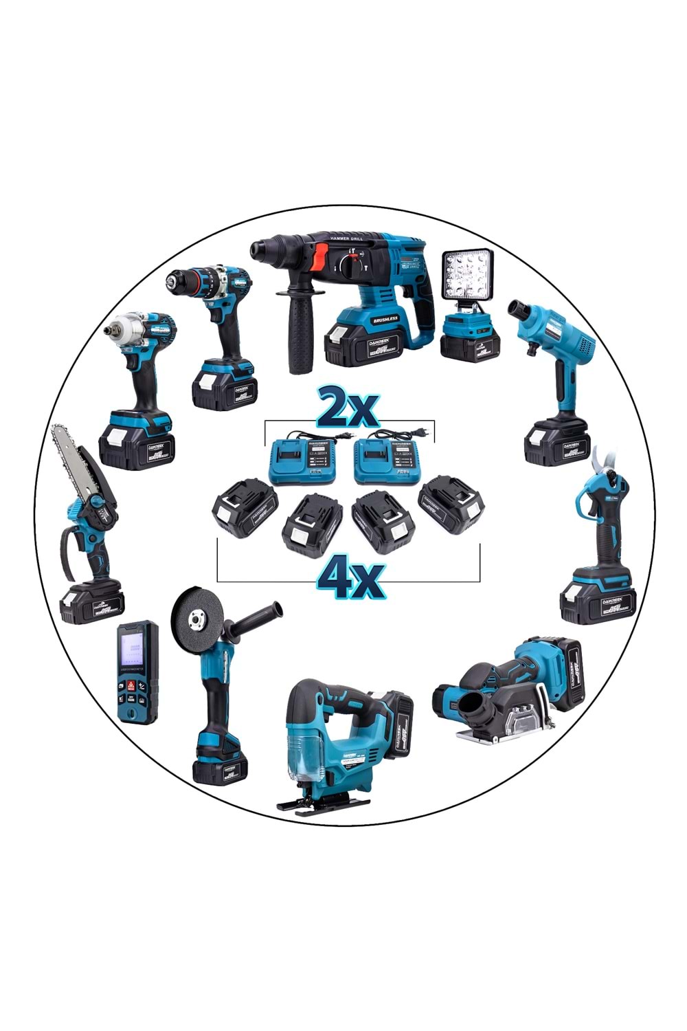 Onbirli Set (Led Işık+Ş.Hilti+Ş.Spral+S.Sıkma+13mm Matkap+Ş.Testere+Bağ Makası+Ş.Dekupaj+Lazer Metre+Oto Yıkama+Çok Fonksiyonlu Avuç Taşlama)