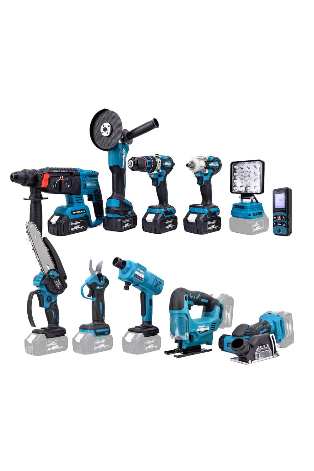 Onbirli Set (Led Işık+Ş.Hilti+Ş.Spral+S.Sıkma+13mm Matkap+Ş.Testere+Bağ Makası+Ş.Dekupaj+Lazer Metre+Oto Yıkama+Çok Fonksiyonlu Avuç Taşlama)