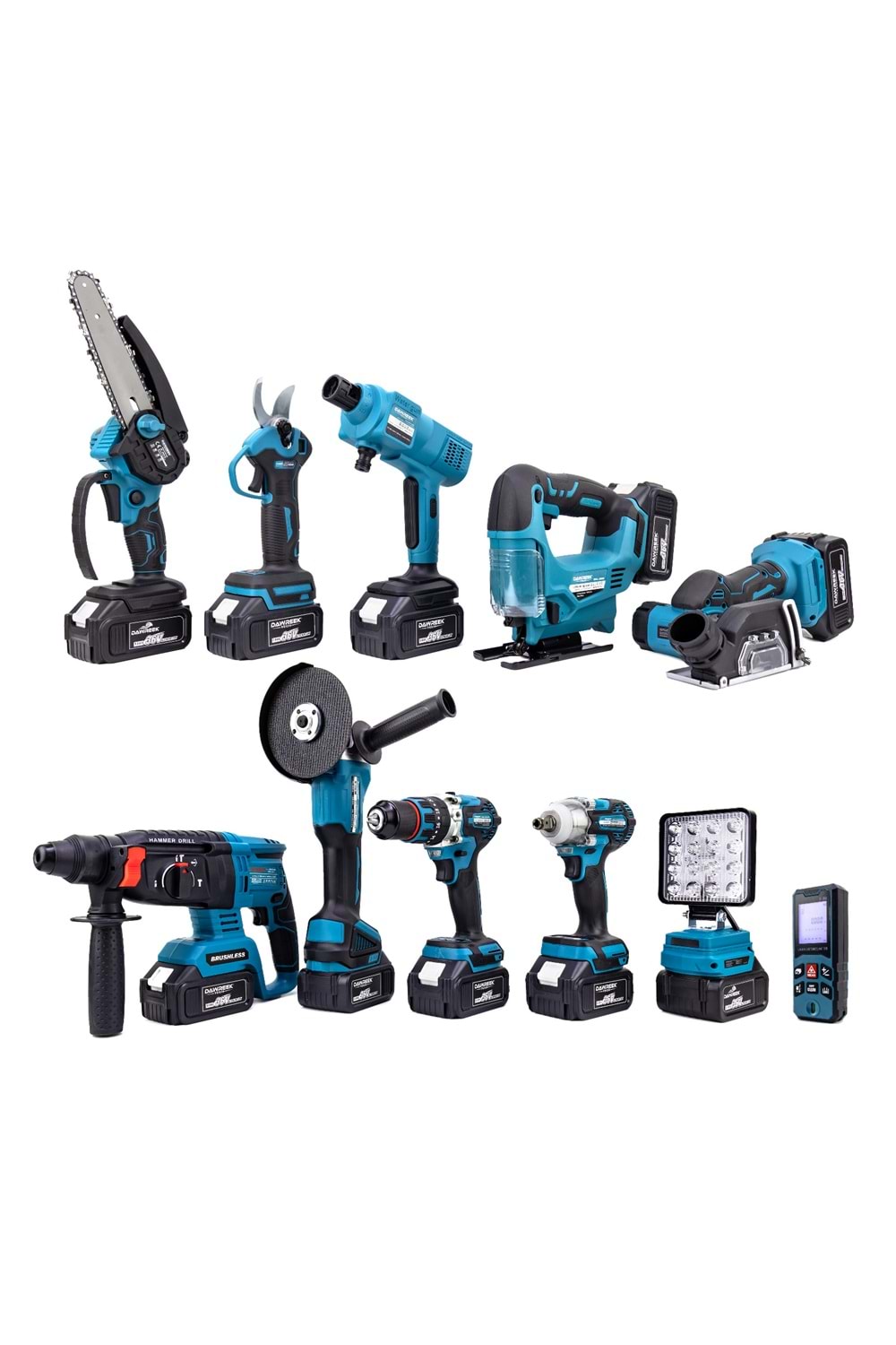 Onbirli Set (Led Işık+Ş.Hilti+Ş.Spral+S.Sıkma+13mm Matkap+Ş.Testere+Bağ Makası+Ş.Dekupaj+Lazer Metre+Oto Yıkama+Çok Fonksiyonlu Avuç Taşlama)