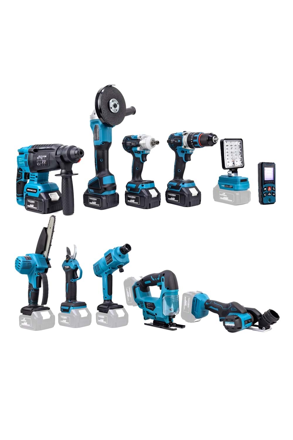 Onbirli Set (Led Işık+Ş.Hilti+Ş.Spral+S.Sıkma+13mm Matkap+Ş.Testere+Bağ Makası+Ş.Dekupaj+Lazer Metre+Oto Yıkama+Çok Fonksiyonlu Avuç Taşlama)