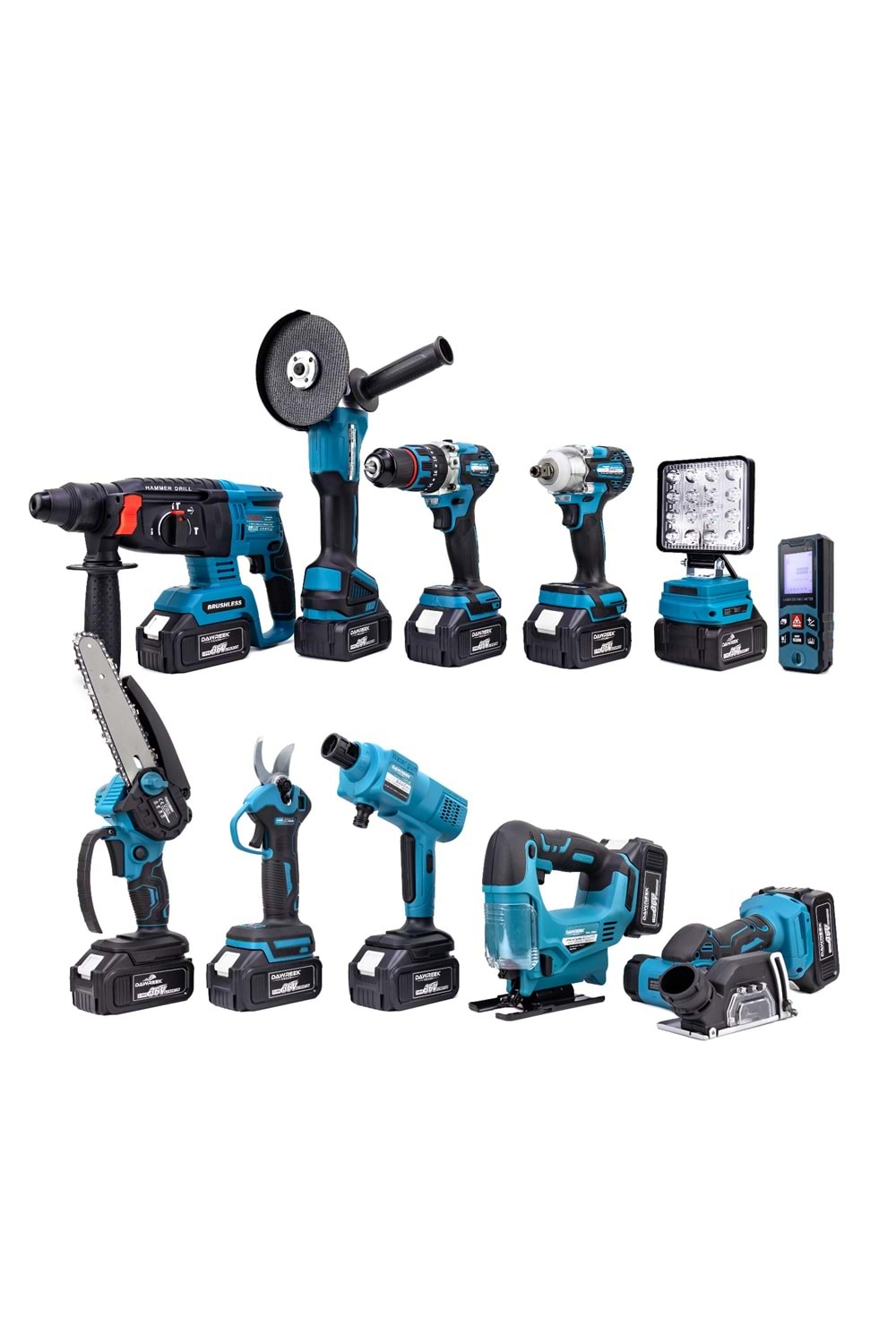 Onbirli Set (Led Işık+Ş.Hilti+Ş.Spral+S.Sıkma+13mm Matkap+Ş.Testere+Bağ Makası+Ş.Dekupaj+Lazer Metre+Oto Yıkama+Çok Fonksiyonlu Avuç Taşlama)