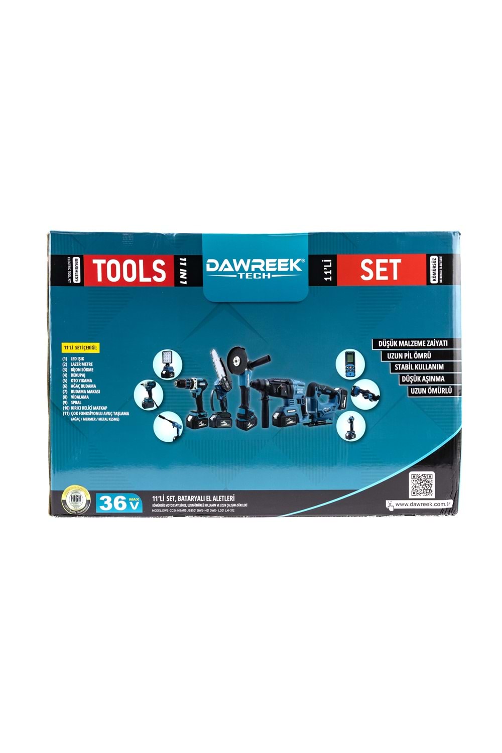 Onbirli Set (Led Işık+Ş.Hilti+Ş.Spral+S.Sıkma+13mm Matkap+Ş.Testere+Bağ Makası+Ş.Dekupaj+Lazer Metre+Oto Yıkama+Çok Fonksiyonlu Avuç Taşlama)