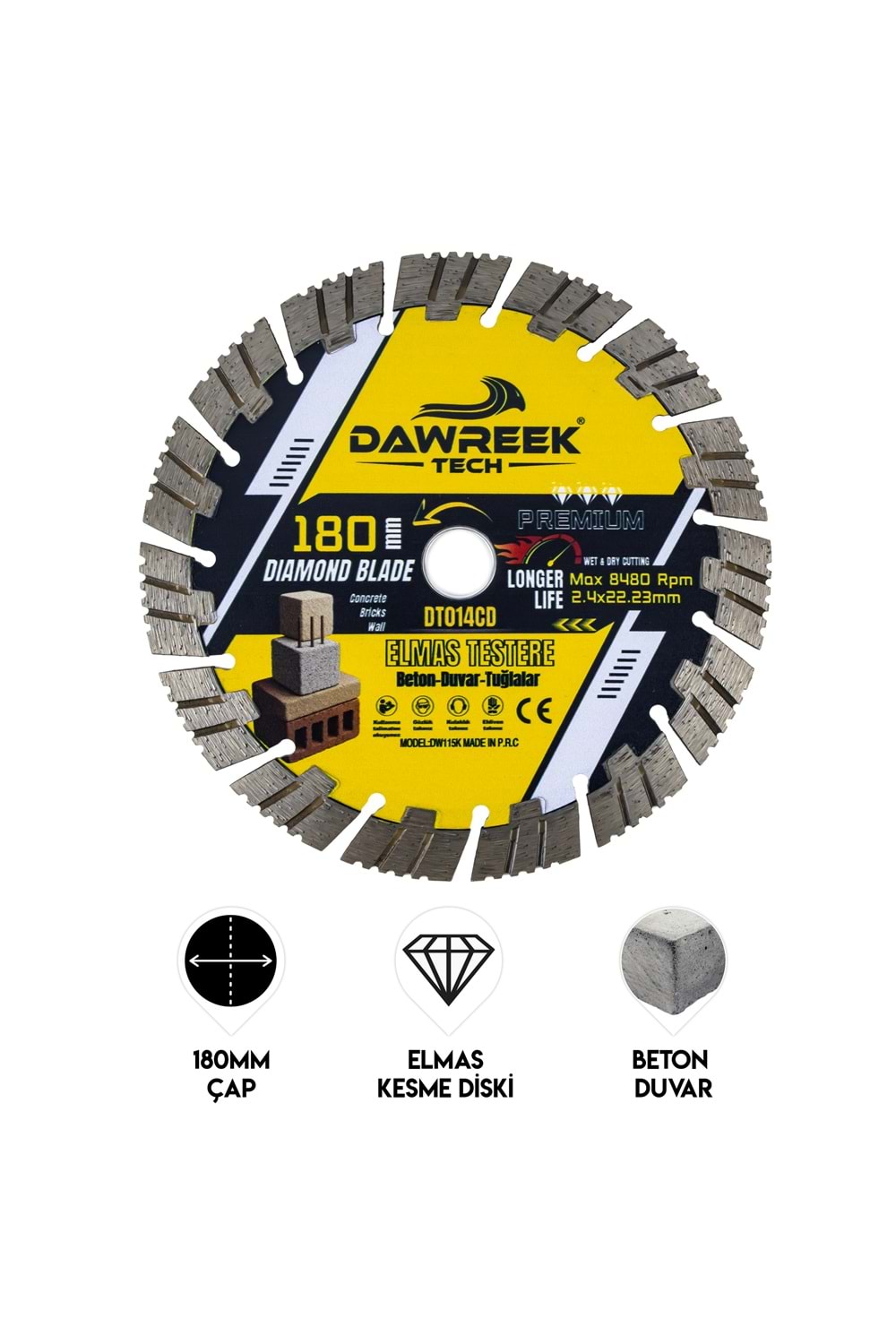180mm Premium Segmentli Elmas Testere (Beton-Duvar-Tuğla)