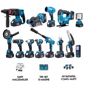 ONÜÇLÜ SET (Led Işık+Ş.Hilti+Ş.Spral+S.Sıkma+13mm Matkap+Ş.Testere+Bağ Makası+Ş.Dekupaj+Lazer Metre+Oto Yıkama+Çok Fonksiyonlu Avuç Taşlama+Turbo Fan+Torklu Vidalama)