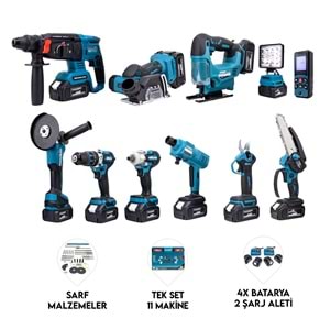 ONBİRLİ SET (Led Işık+Ş.HİLTİ+Ş.SPRAL+S.SIKMA+13MM MATKAP+Ş.TESTERE+BAĞ MAKASI+Ş.Dekupaj+Lazer Metre+Oto Yıkama+Çok Fonksiyonlu Avuç Taşlama)