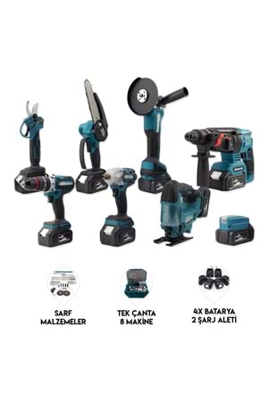 Sekizli Set DBML (LED Aydınlatma+ Ş.Hilti+Ş.spral+S.Sıkma+13mm Ç.Mandren+Ş.Dekupaj+Budama Testeresi+Bağ Makas)