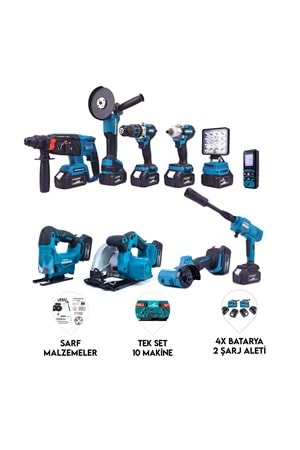 Onlu Set (Led Işık + Kırıcı Delici Matkap+avuç taşlama+Somun Sıkma+Vidalama+Sunta Kesme+Dekupaj+Lazer Metre+Oto Yıkama+Çok Fonksiyonlu Avuç Taşlama)