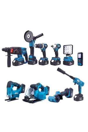 Onlu Set (Led Işık + Kırıcı Delici Matkap+avuç taşlama+Somun Sıkma+Vidalama+Sunta Kesme+Dekupaj+Lazer Metre+Oto Yıkama+Çok Fonksiyonlu Avuç Taşlama)