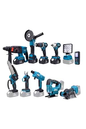 Onbirli Set (Led Işık+Ş.Hilti+Ş.Spral+S.Sıkma+13mm Matkap+Ş.Testere+Bağ Makası+Ş.Dekupaj+Lazer Metre+Oto Yıkama+Çok Fonksiyonlu Avuç Taşlama)