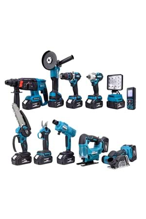 Onbirli Set (Led Işık+Ş.Hilti+Ş.Spral+S.Sıkma+13mm Matkap+Ş.Testere+Bağ Makası+Ş.Dekupaj+Lazer Metre+Oto Yıkama+Çok Fonksiyonlu Avuç Taşlama)