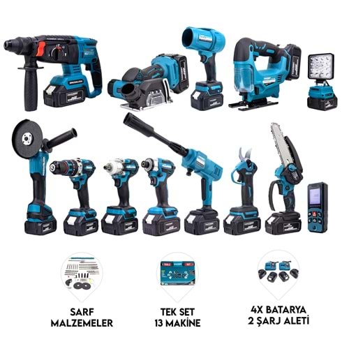 ONÜÇLÜ SET (Led Işık+Ş.Hilti+Ş.Spral+S.Sıkma+13mm Matkap+Ş.Testere+Bağ Makası+Ş.Dekupaj+Lazer Metre+Oto Yıkama+Çok Fonksiyonlu Avuç Taşlama+Turbo Fan+Torklu Vidalama)