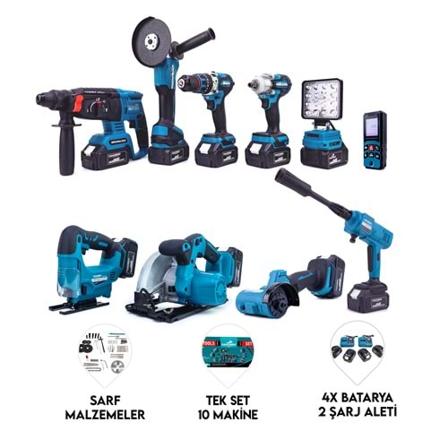 ONLU SET (Led Işık + Kırıcı Delici Matkap+avuç taşlama+Somun Sıkma+Vidalama+Sunta Kesme+Dekupaj+Lazer Metre+Oto Yıkama+Çok Fonksiyonlu Avuç Taşlama)