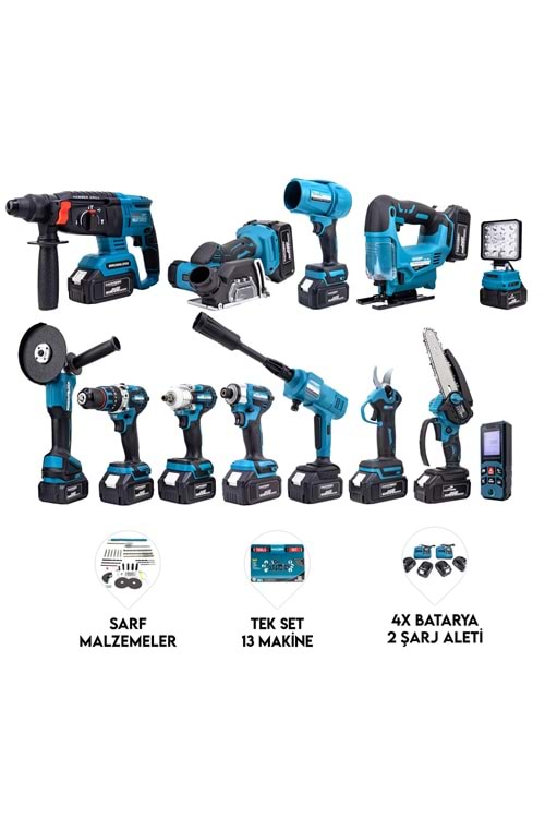 ONÜÇLÜ SET (Led Işık+Ş.Hilti+Ş.Spral+S.Sıkma+13mm Matkap+Ş.Testere+Bağ Makası+Ş.Dekupaj+Lazer Metre+Oto Yıkama+Çok Fonksiyonlu Avuç Taşlama+Turbo Fan+Torklu Vidalama)