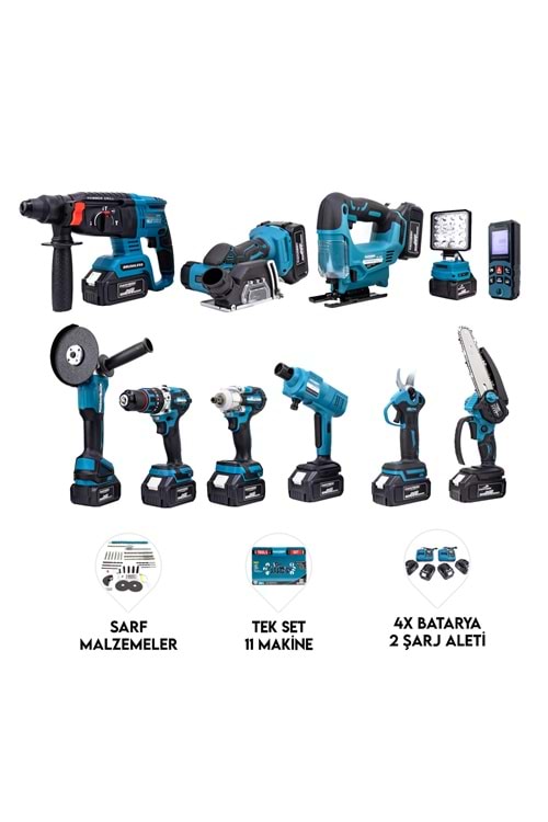 Onbirli Set (Led Işık+Ş.Hilti+Ş.Spral+S.Sıkma+13mm Matkap+Ş.Testere+Bağ Makası+Ş.Dekupaj+Lazer Metre+Oto Yıkama+Çok Fonksiyonlu Avuç Taşlama)
