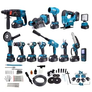 ONÜÇLÜ SET (Led Işık+Ş.Hilti+Ş.Spral+S.Sıkma+13mm Matkap+Ş.Testere+Bağ Makası+Ş.Dekupaj+Lazer Metre+Oto Yıkama+Çok Fonksiyonlu Avuç Taşlama+Turbo Fan+Torklu Vidalama)