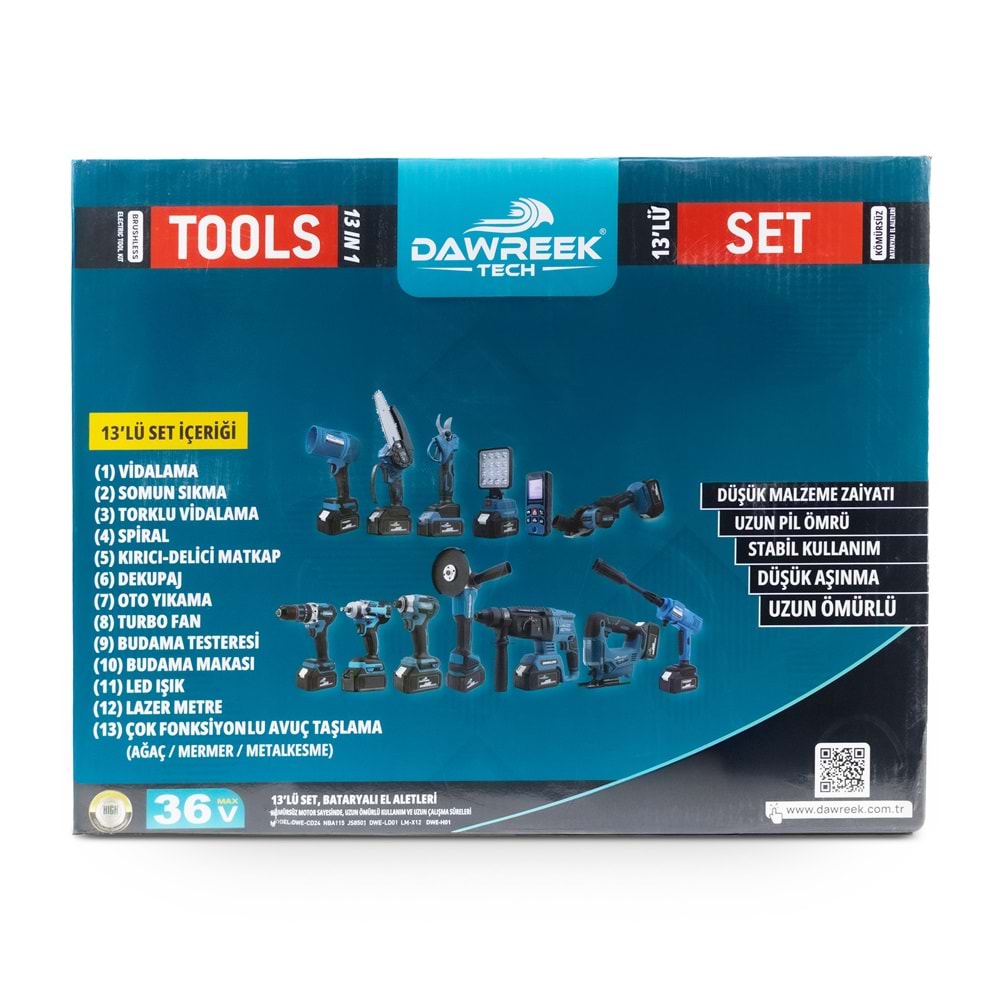 ONÜÇLÜ SET (Led Işık+Ş.Hilti+Ş.Spral+S.Sıkma+13mm Matkap+Ş.Testere+Bağ Makası+Ş.Dekupaj+Lazer Metre+Oto Yıkama+Çok Fonksiyonlu Avuç Taşlama+Turbo Fan+Torklu Vidalama)