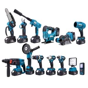 ONÜÇLÜ SET (Led Işık+Ş.Hilti+Ş.Spral+S.Sıkma+13mm Matkap+Ş.Testere+Bağ Makası+Ş.Dekupaj+Lazer Metre+Oto Yıkama+Çok Fonksiyonlu Avuç Taşlama+Turbo Fan+Torklu Vidalama)