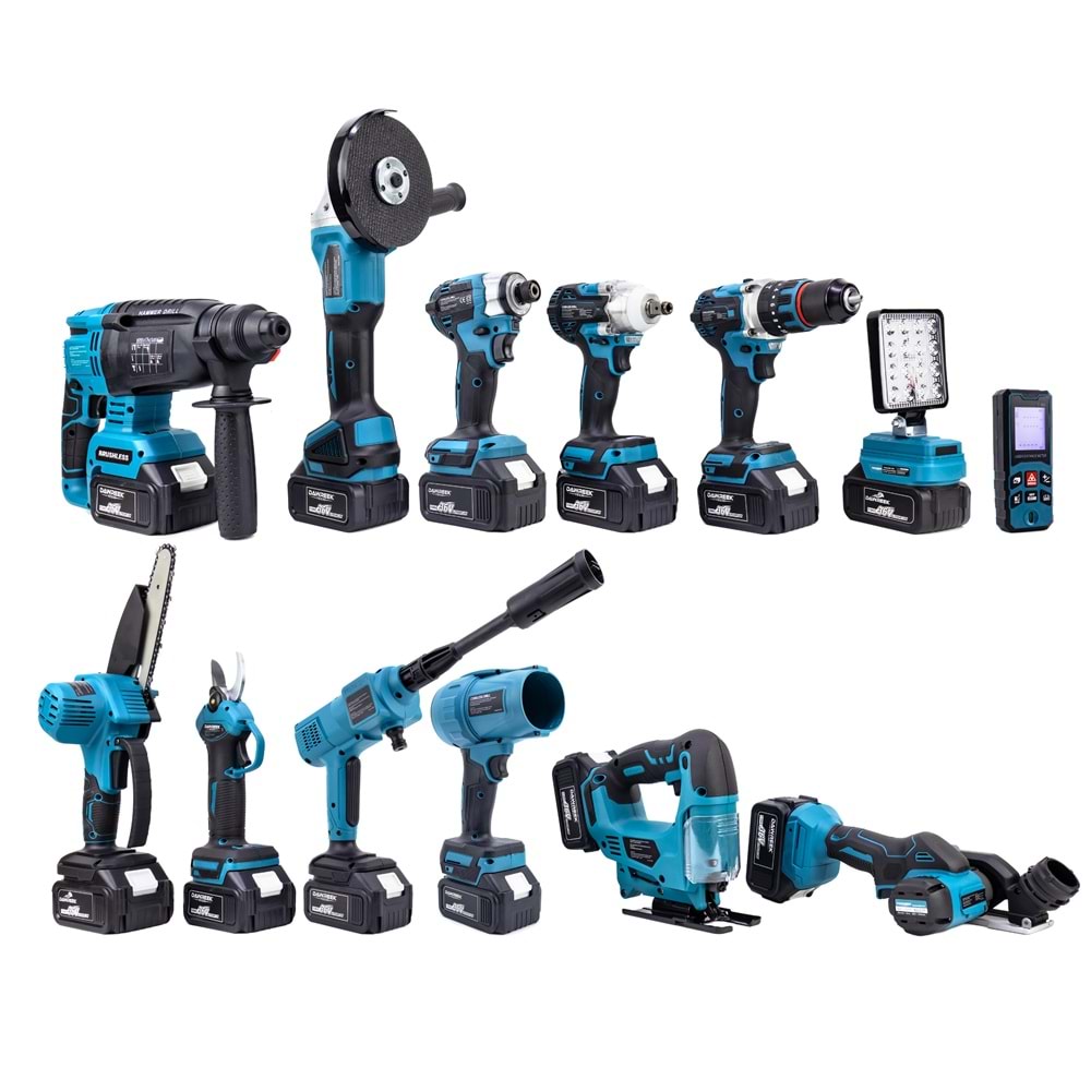 ONÜÇLÜ SET (Led Işık+Ş.Hilti+Ş.Spral+S.Sıkma+13mm Matkap+Ş.Testere+Bağ Makası+Ş.Dekupaj+Lazer Metre+Oto Yıkama+Çok Fonksiyonlu Avuç Taşlama+Turbo Fan+Torklu Vidalama)