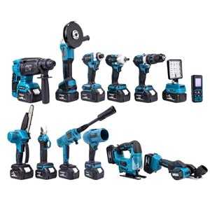 ONÜÇLÜ SET (Led Işık+Ş.Hilti+Ş.Spral+S.Sıkma+13mm Matkap+Ş.Testere+Bağ Makası+Ş.Dekupaj+Lazer Metre+Oto Yıkama+Çok Fonksiyonlu Avuç Taşlama+Turbo Fan+Torklu Vidalama)