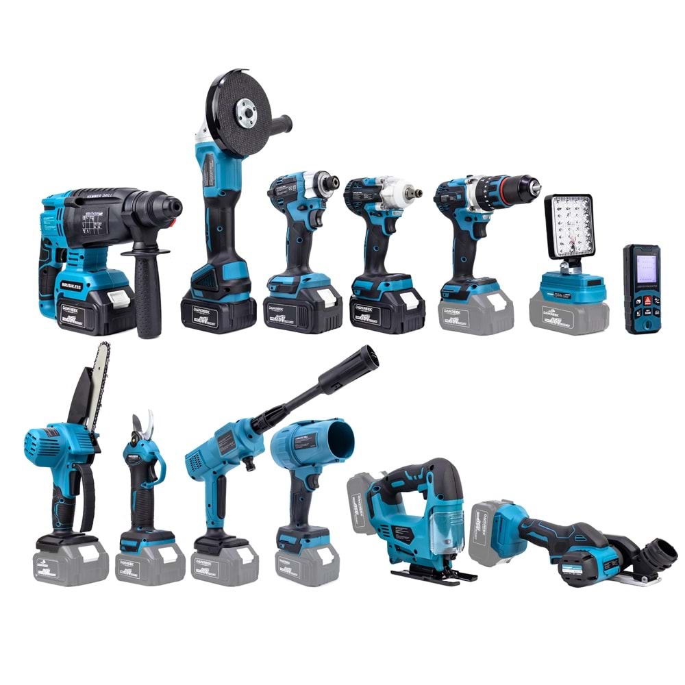 ONÜÇLÜ SET (Led Işık+Ş.Hilti+Ş.Spral+S.Sıkma+13mm Matkap+Ş.Testere+Bağ Makası+Ş.Dekupaj+Lazer Metre+Oto Yıkama+Çok Fonksiyonlu Avuç Taşlama+Turbo Fan+Torklu Vidalama)