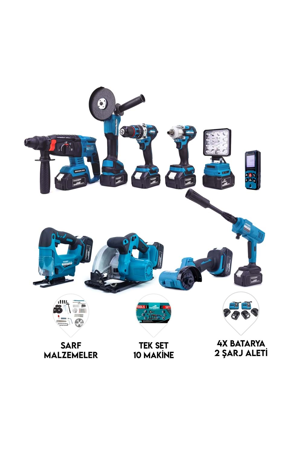 Onlu Set (Led Işık + Kırıcı Delici Matkap+avuç taşlama+Somun Sıkma+Vidalama+Sunta Kesme+Dekupaj+Lazer Metre+Oto Yıkama+Çok Fonksiyonlu Avuç Taşlama)