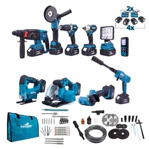 Onlu Set (Led Işık + Kırıcı Delici Matkap+avuç taşlama+Somun Sıkma+Vidalama+Sunta Kesme+Dekupaj+Lazer Metre+Oto Yıkama+Çok Fonksiyonlu Avuç Taşlama)