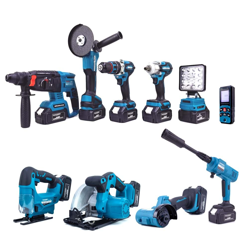 Onlu Set (Led Işık + Kırıcı Delici Matkap+avuç taşlama+Somun Sıkma+Vidalama+Sunta Kesme+Dekupaj+Lazer Metre+Oto Yıkama+Çok Fonksiyonlu Avuç Taşlama)