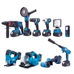 Onlu Set (Led Işık + Kırıcı Delici Matkap+avuç taşlama+Somun Sıkma+Vidalama+Sunta Kesme+Dekupaj+Lazer Metre+Oto Yıkama+Çok Fonksiyonlu Avuç Taşlama)