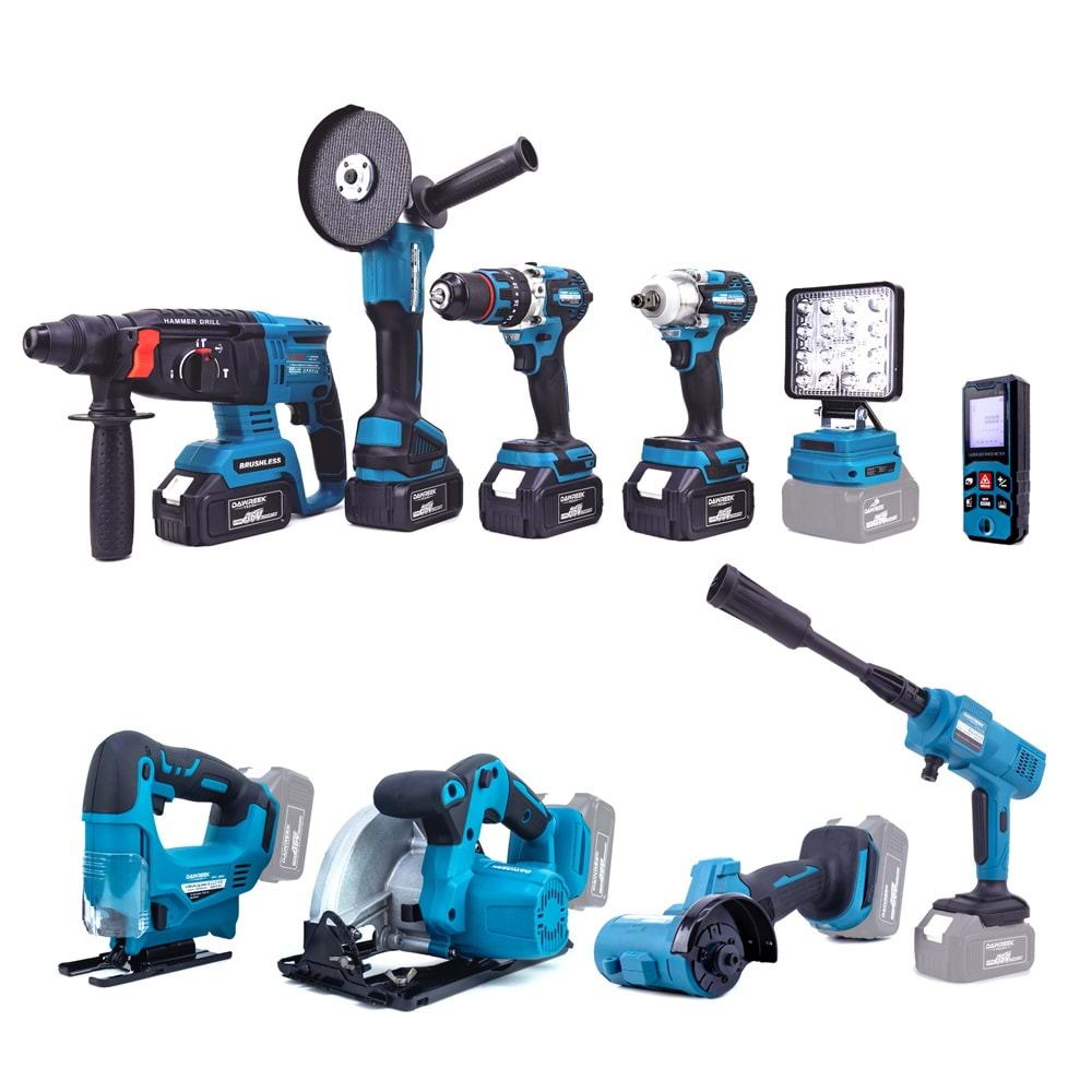 Onlu Set (Led Işık + Kırıcı Delici Matkap+avuç taşlama+Somun Sıkma+Vidalama+Sunta Kesme+Dekupaj+Lazer Metre+Oto Yıkama+Çok Fonksiyonlu Avuç Taşlama)