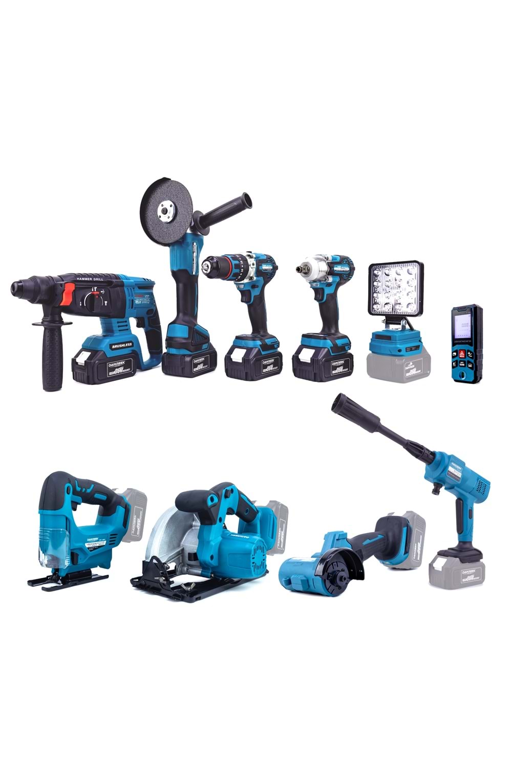 Onlu Set (Led Işık + Kırıcı Delici Matkap+avuç taşlama+Somun Sıkma+Vidalama+Sunta Kesme+Dekupaj+Lazer Metre+Oto Yıkama+Çok Fonksiyonlu Avuç Taşlama)