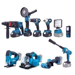 Onlu Set (Led Işık + Kırıcı Delici Matkap+avuç taşlama+Somun Sıkma+Vidalama+Sunta Kesme+Dekupaj+Lazer Metre+Oto Yıkama+Çok Fonksiyonlu Avuç Taşlama)