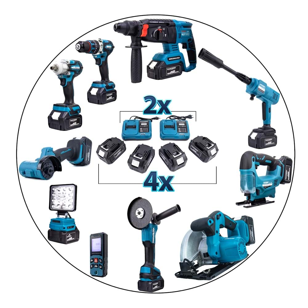 Onlu Set (Led Işık + Kırıcı Delici Matkap+avuç taşlama+Somun Sıkma+Vidalama+Sunta Kesme+Dekupaj+Lazer Metre+Oto Yıkama+Çok Fonksiyonlu Avuç Taşlama)