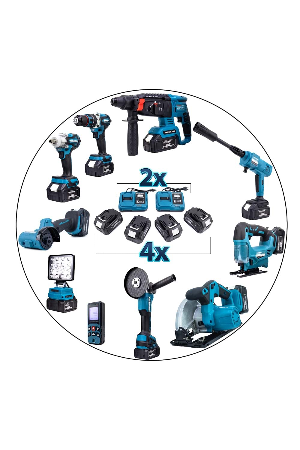 Onlu Set (Led Işık + Kırıcı Delici Matkap+avuç taşlama+Somun Sıkma+Vidalama+Sunta Kesme+Dekupaj+Lazer Metre+Oto Yıkama+Çok Fonksiyonlu Avuç Taşlama)