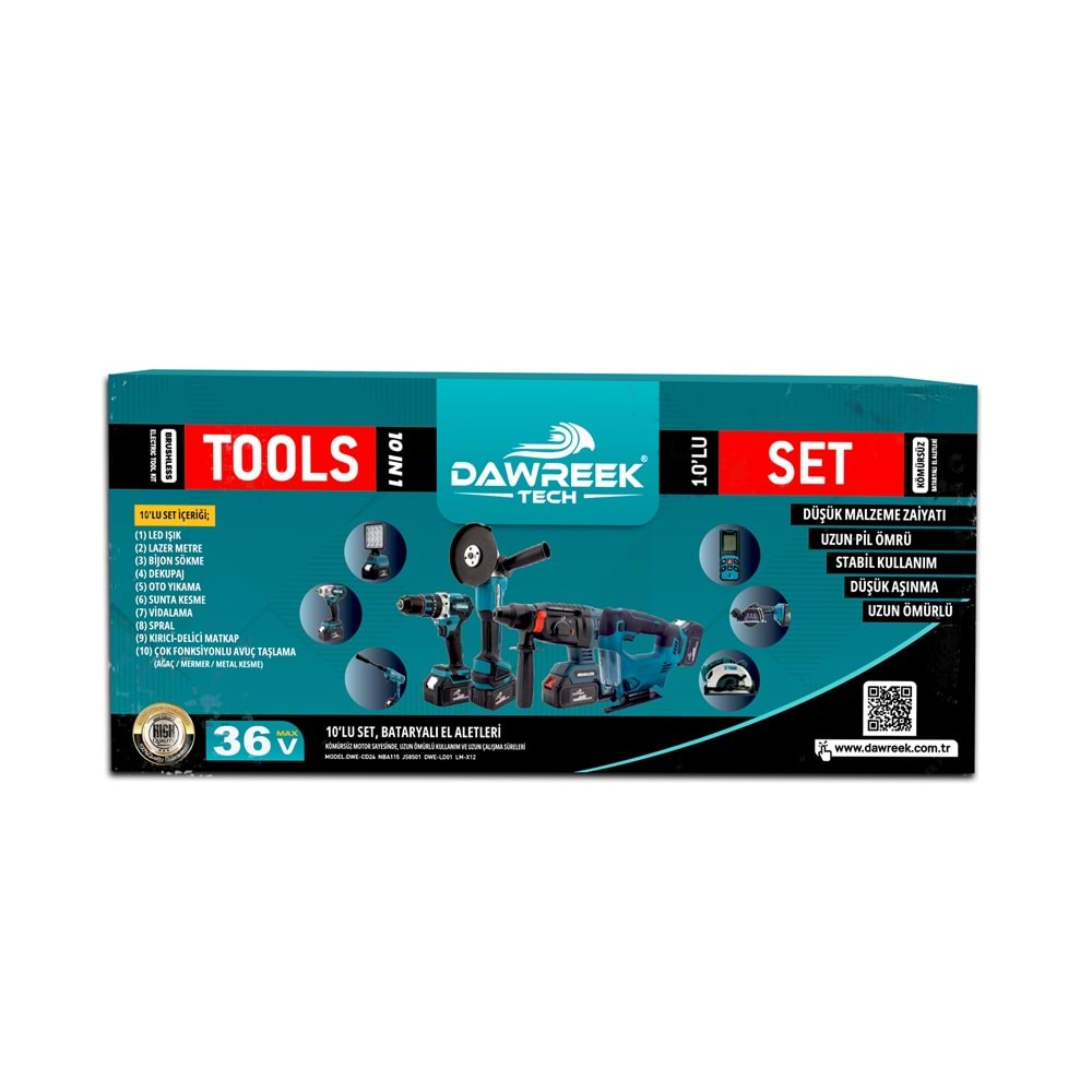 Onlu Set (Led Işık + Kırıcı Delici Matkap+avuç taşlama+Somun Sıkma+Vidalama+Sunta Kesme+Dekupaj+Lazer Metre+Oto Yıkama+Çok Fonksiyonlu Avuç Taşlama)