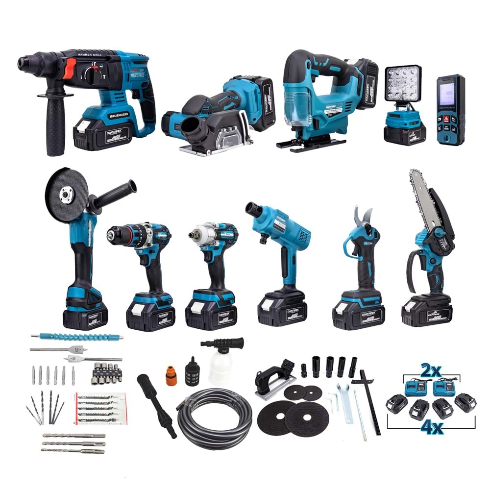 Onbirli Set (Led Işık+Ş.Hilti+Ş.Spral+S.Sıkma+13mm Matkap+Ş.Testere+Bağ Makası+Ş.Dekupaj+Lazer Metre+Oto Yıkama+Çok Fonksiyonlu Avuç Taşlama)