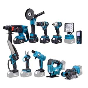 Onbirli Set (Led Işık+Ş.Hilti+Ş.Spral+S.Sıkma+13mm Matkap+Ş.Testere+Bağ Makası+Ş.Dekupaj+Lazer Metre+Oto Yıkama+Çok Fonksiyonlu Avuç Taşlama)