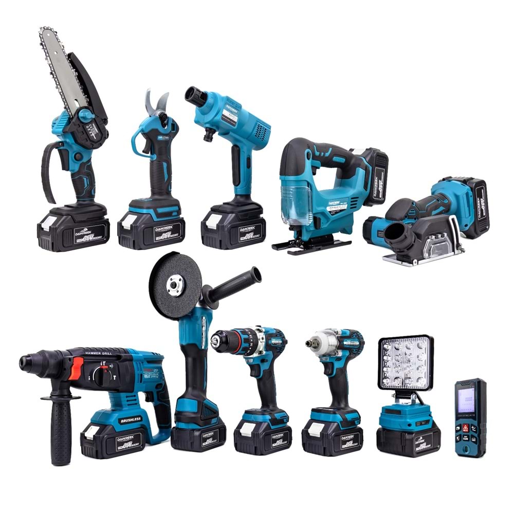 Onbirli Set (Led Işık+Ş.Hilti+Ş.Spral+S.Sıkma+13mm Matkap+Ş.Testere+Bağ Makası+Ş.Dekupaj+Lazer Metre+Oto Yıkama+Çok Fonksiyonlu Avuç Taşlama)