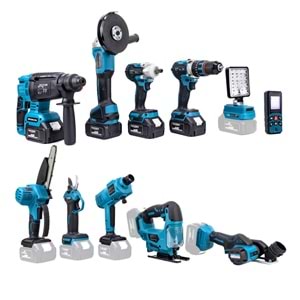 Onbirli Set (Led Işık+Ş.Hilti+Ş.Spral+S.Sıkma+13mm Matkap+Ş.Testere+Bağ Makası+Ş.Dekupaj+Lazer Metre+Oto Yıkama+Çok Fonksiyonlu Avuç Taşlama)