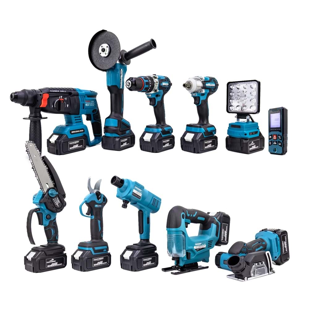 Onbirli Set (Led Işık+Ş.Hilti+Ş.Spral+S.Sıkma+13mm Matkap+Ş.Testere+Bağ Makası+Ş.Dekupaj+Lazer Metre+Oto Yıkama+Çok Fonksiyonlu Avuç Taşlama)