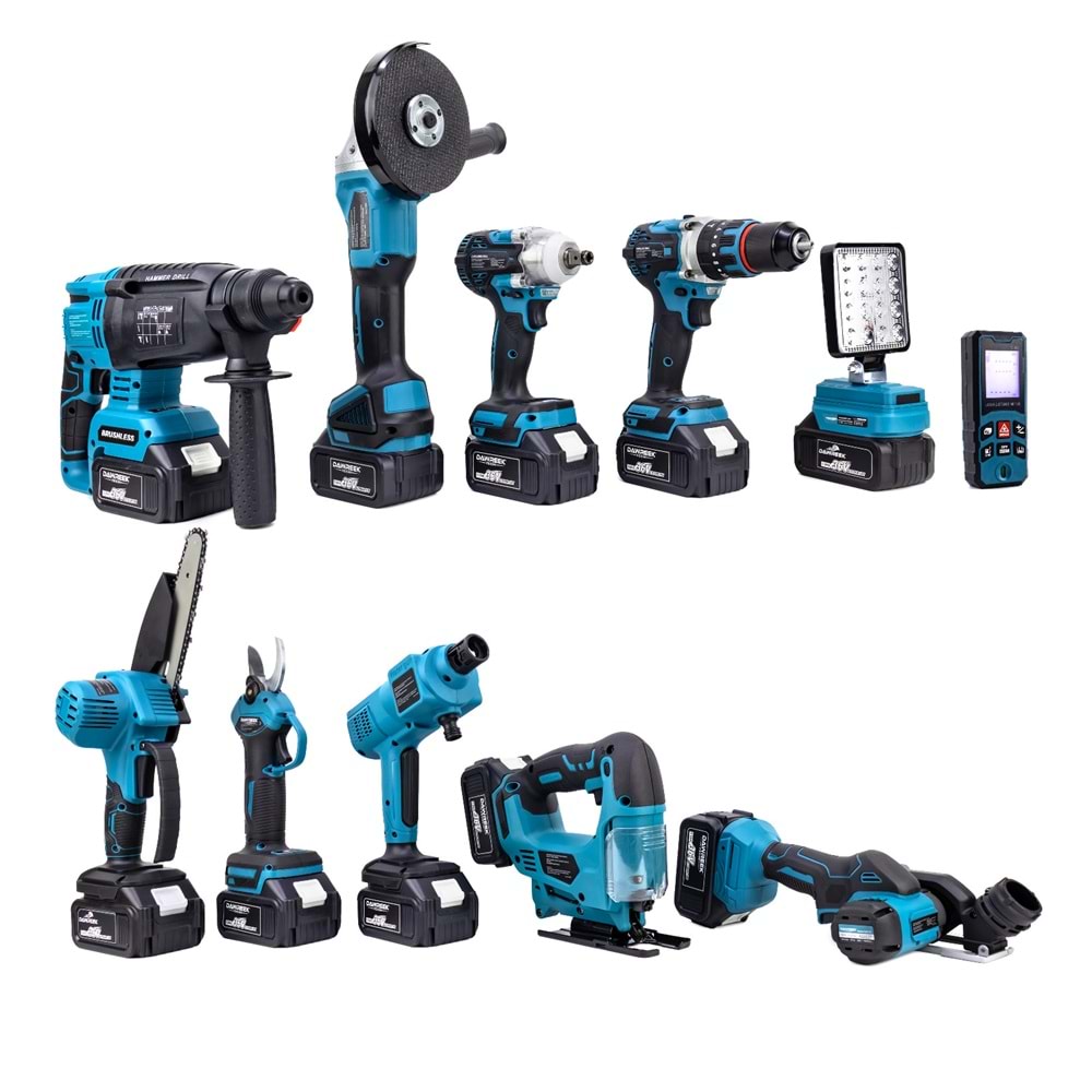 Onbirli Set (Led Işık+Ş.Hilti+Ş.Spral+S.Sıkma+13mm Matkap+Ş.Testere+Bağ Makası+Ş.Dekupaj+Lazer Metre+Oto Yıkama+Çok Fonksiyonlu Avuç Taşlama)